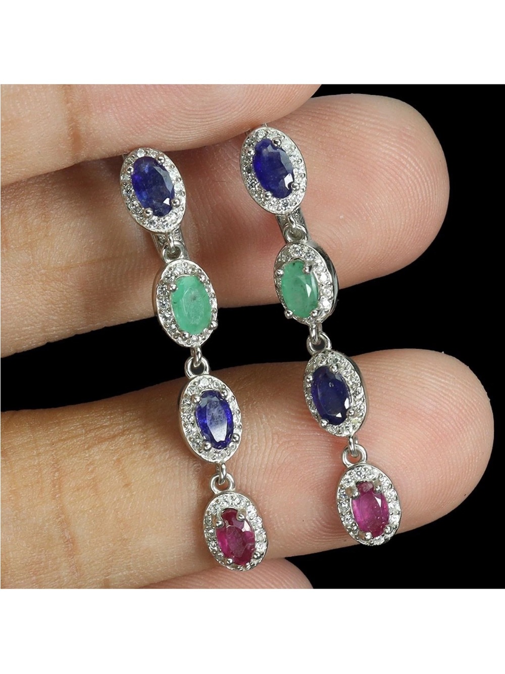 Stunning! Genuine Sapphire, Emerald & Ruby drop Earrings 14K White Gold over SS